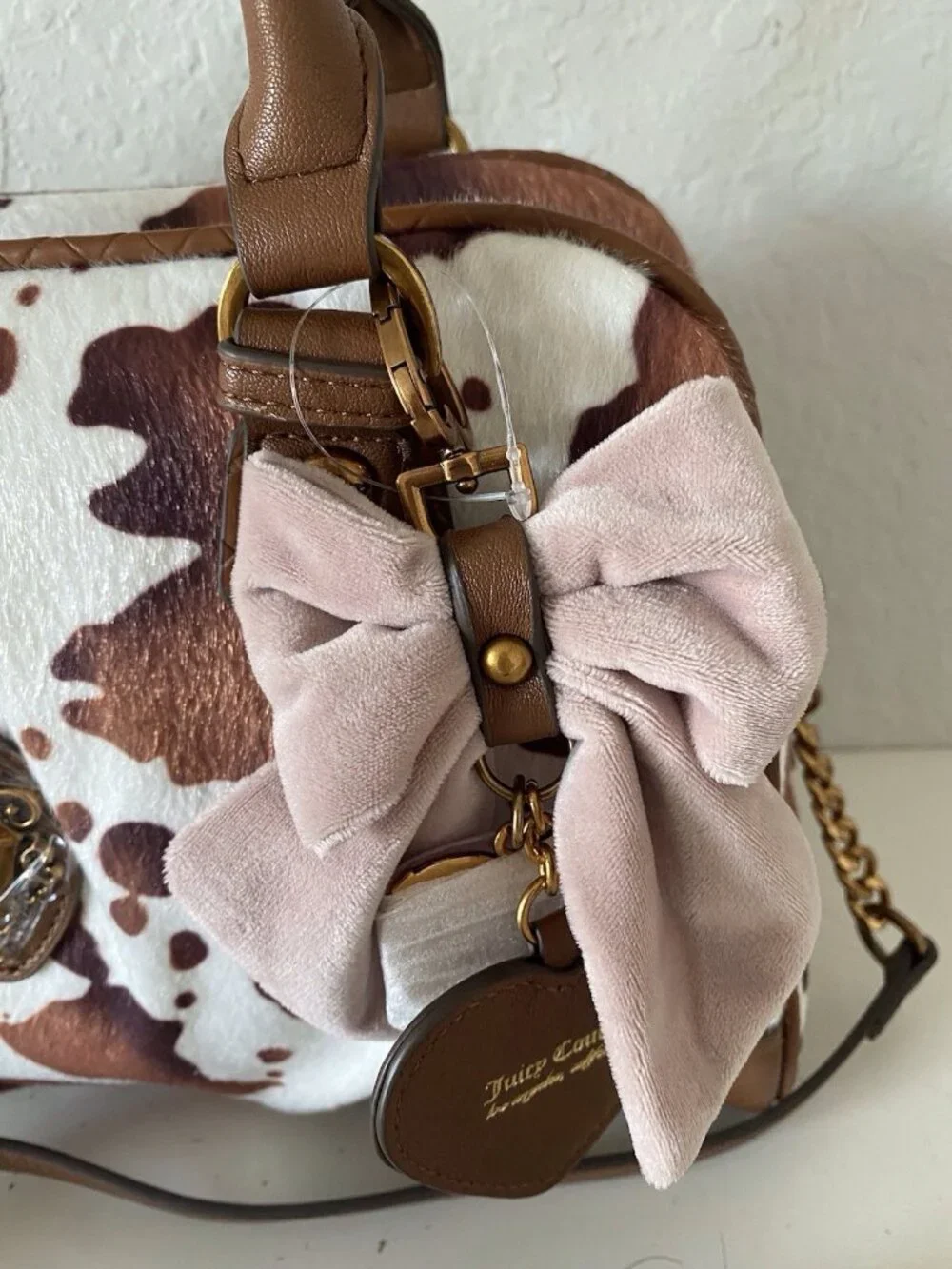 Juicy Couture Romance Cow Print Satchel In‎ Saddle Brown W/Charm Viral NEW